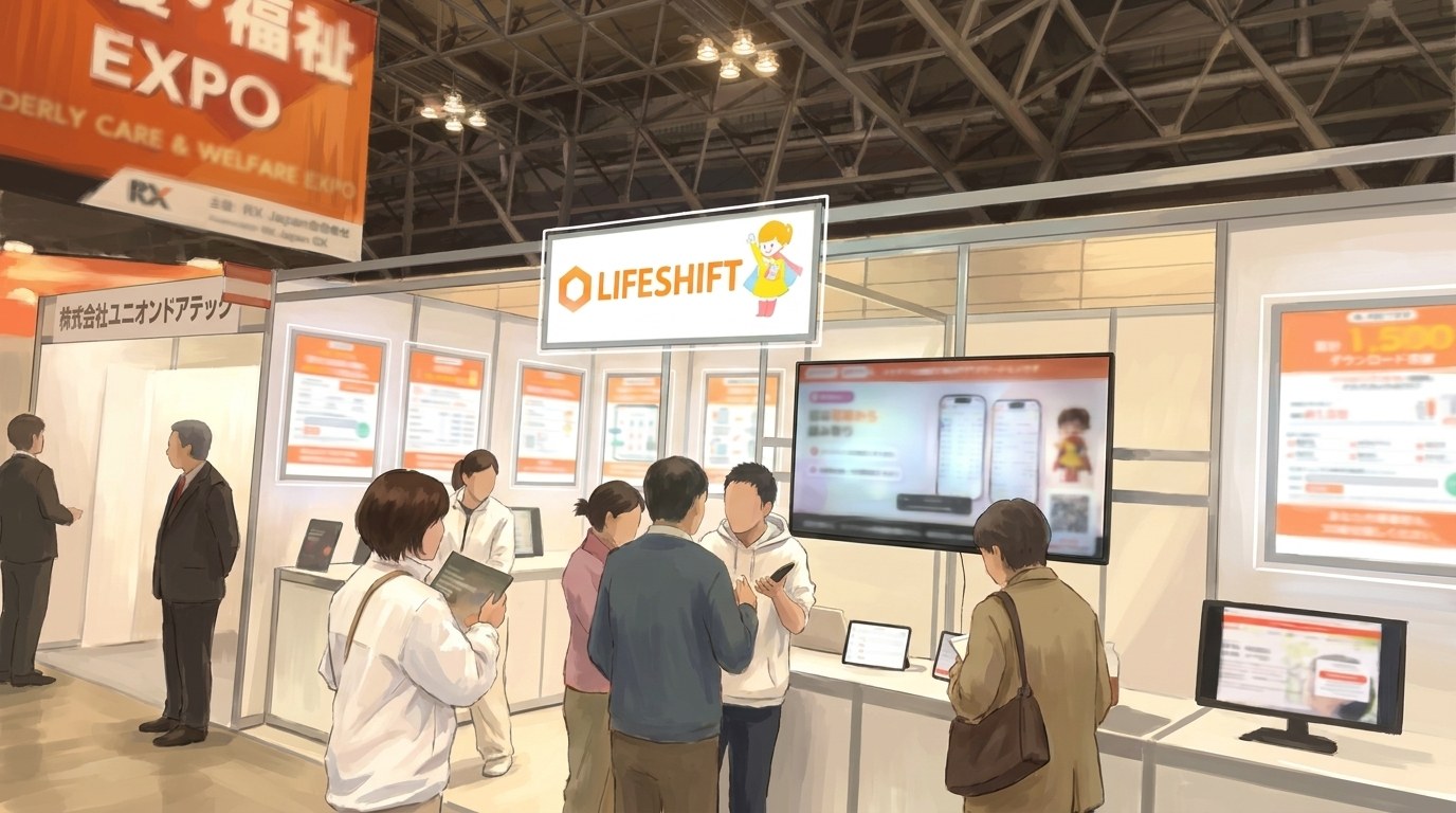神マナのブースで、来場者がタブレットのデモを見ながらスタッフと話している様子のイラスト