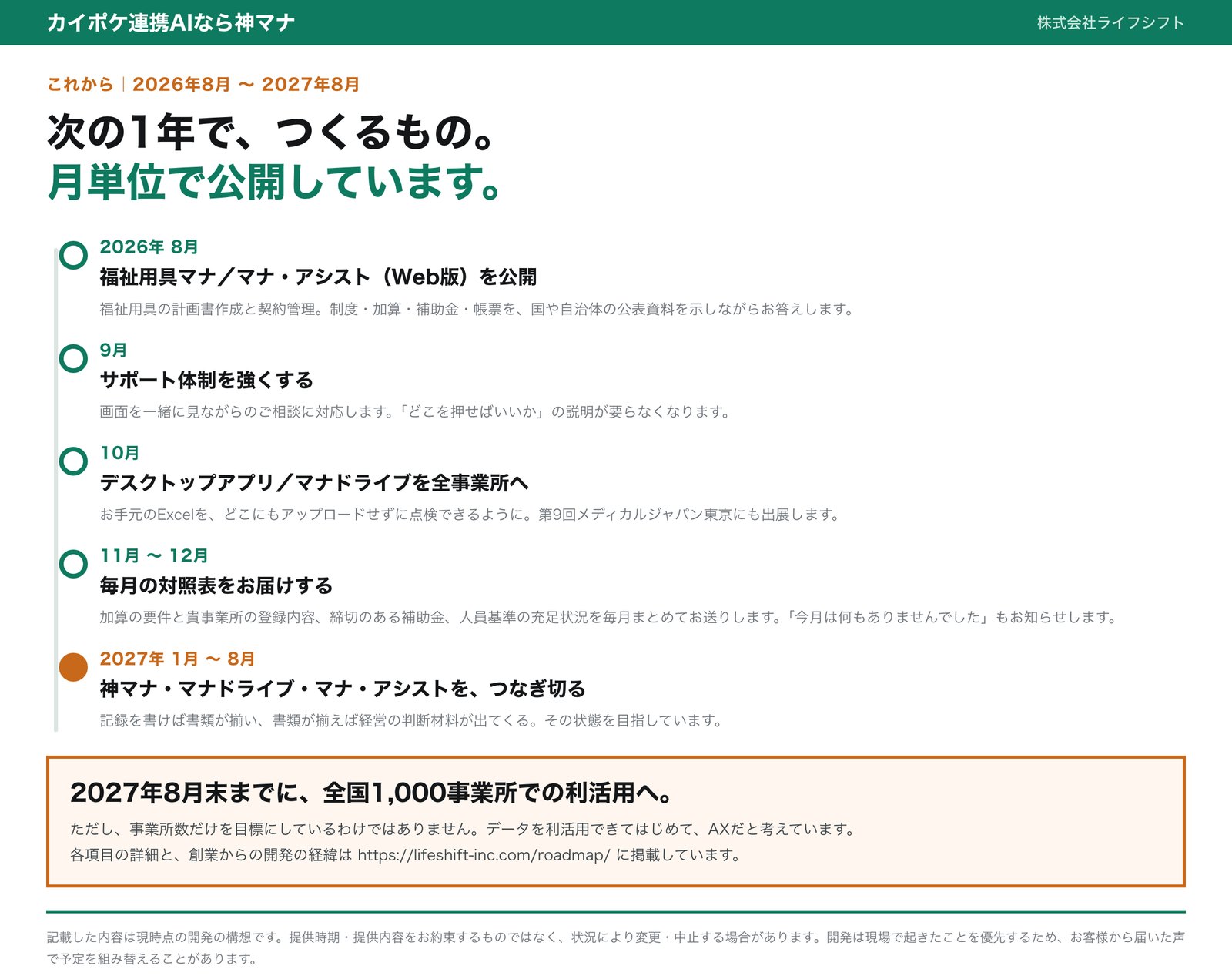 2026年8月から2027年8月までの開発計画の年表
