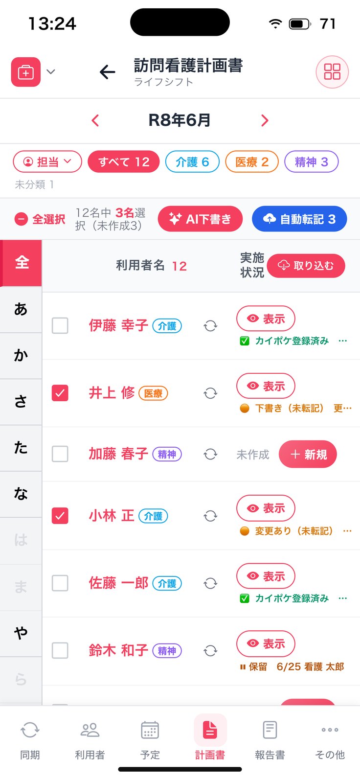 訪問看護計画書の一覧