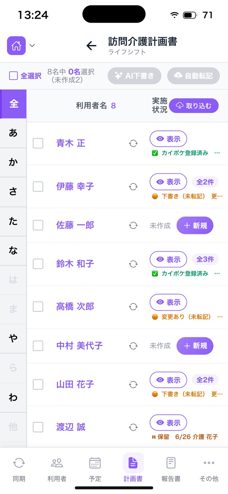 訪問介護計画書の一覧