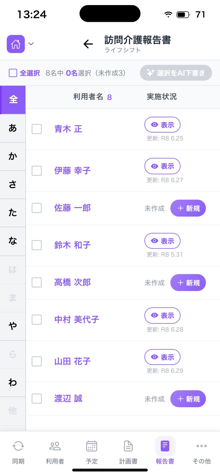 訪問介護報告書の一覧