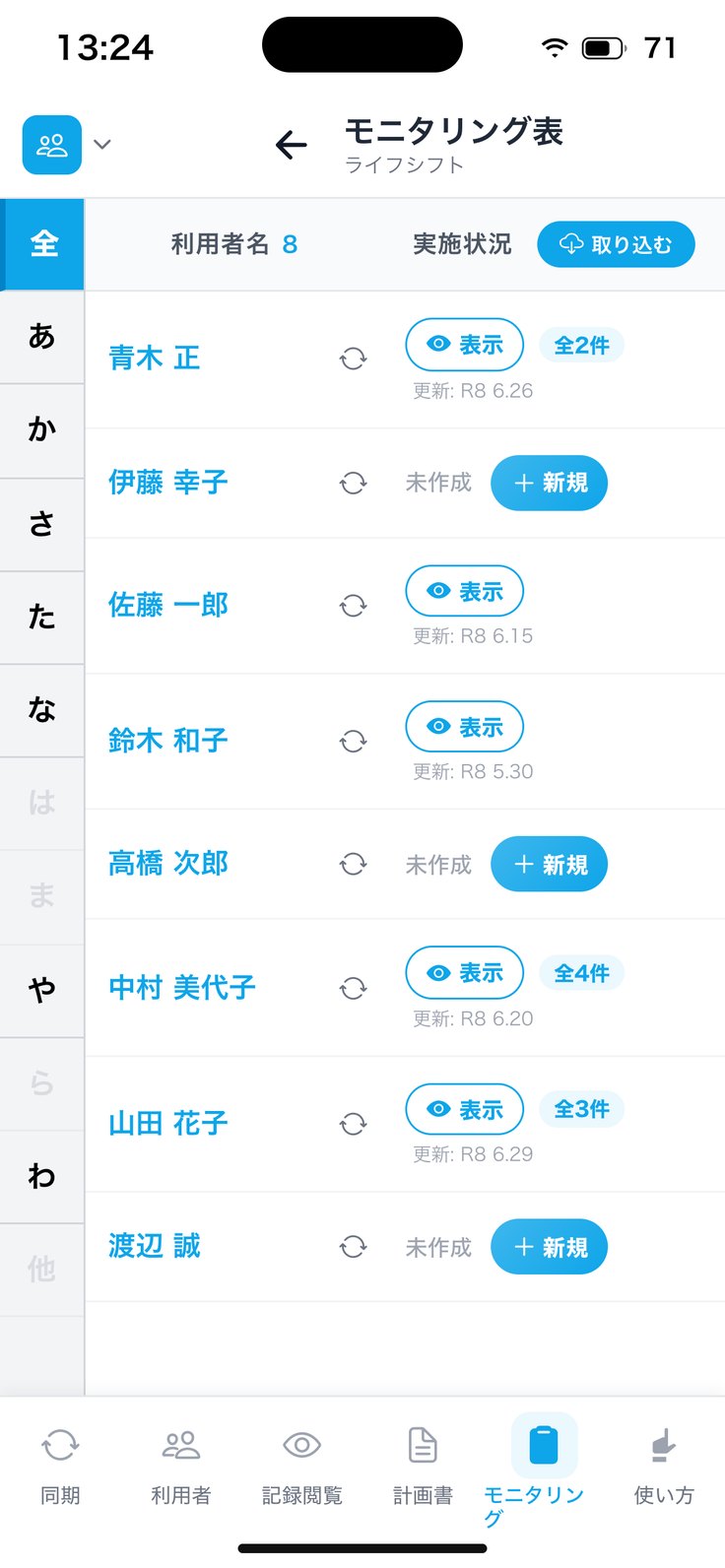 モニタリング表の一覧