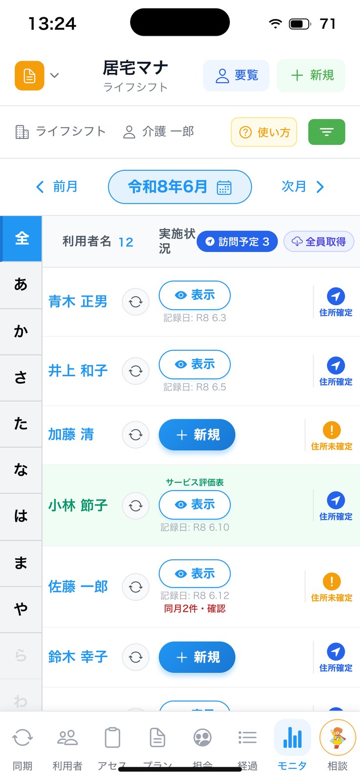 モニタ一覧（要支援の方は「サービス評価表」）