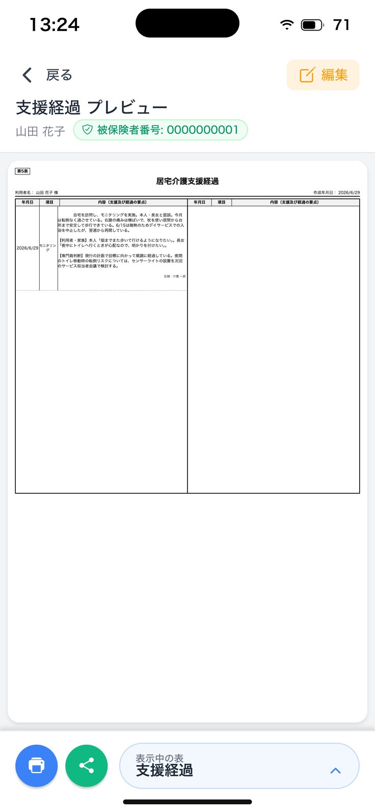 支援経過のプレビュー（印刷・PDF）