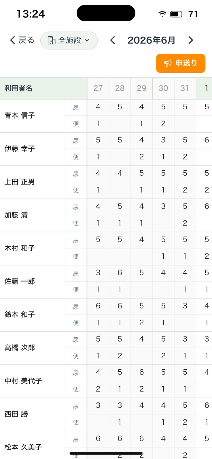 排泄一覧（月のマス目）