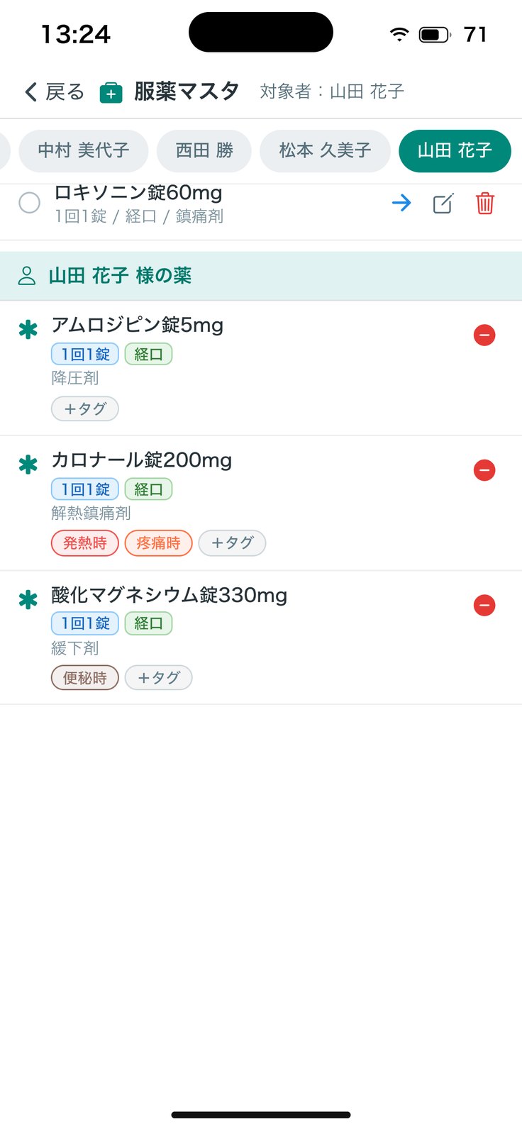 利用者さまの薬の画面