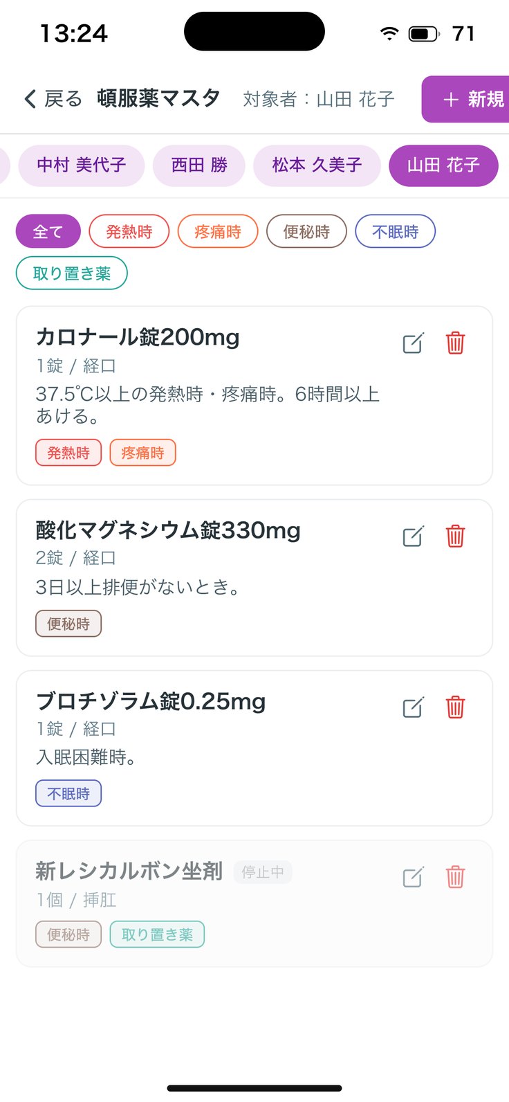 頓服薬マスタの画面