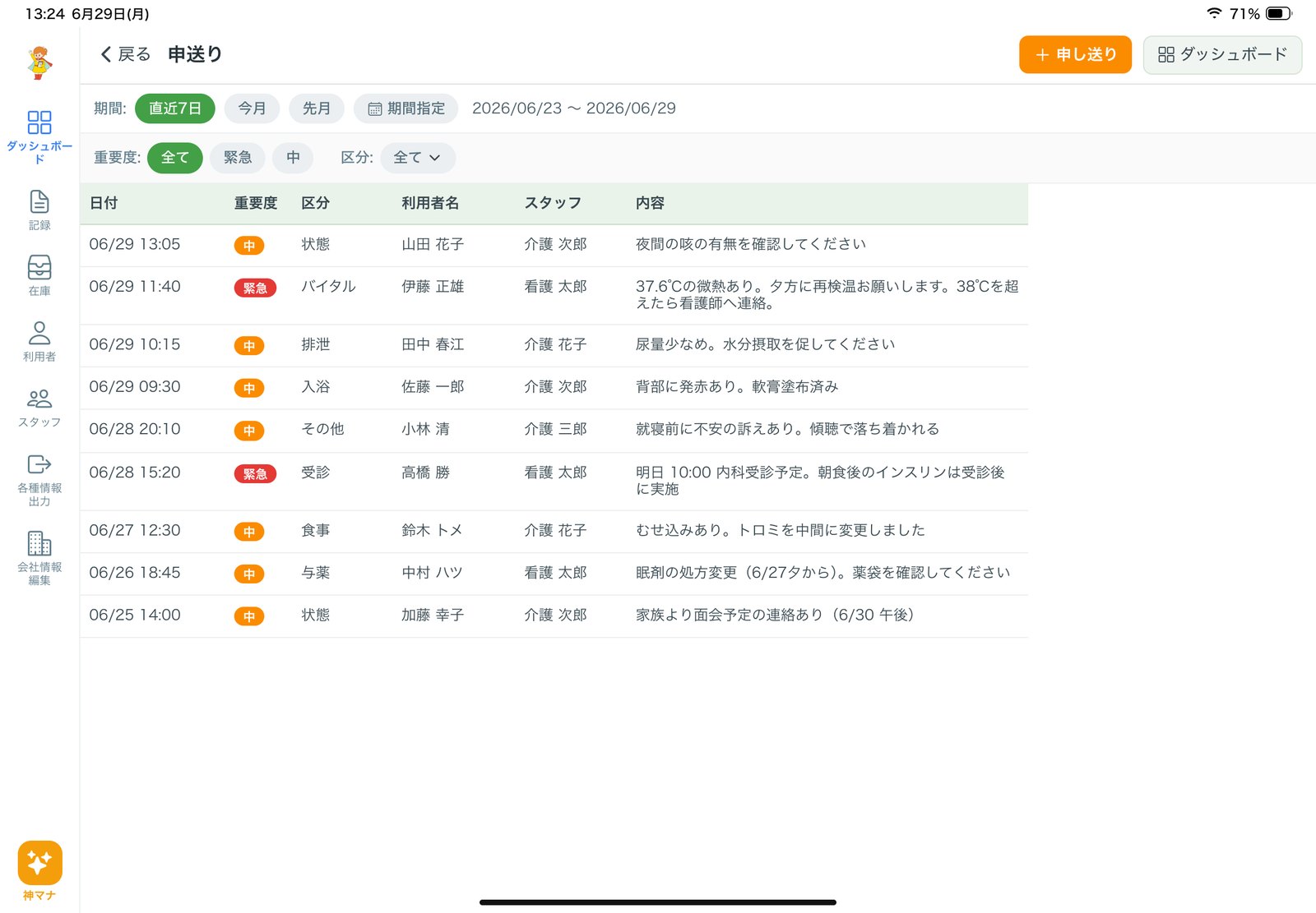 iPad の申送り（表）